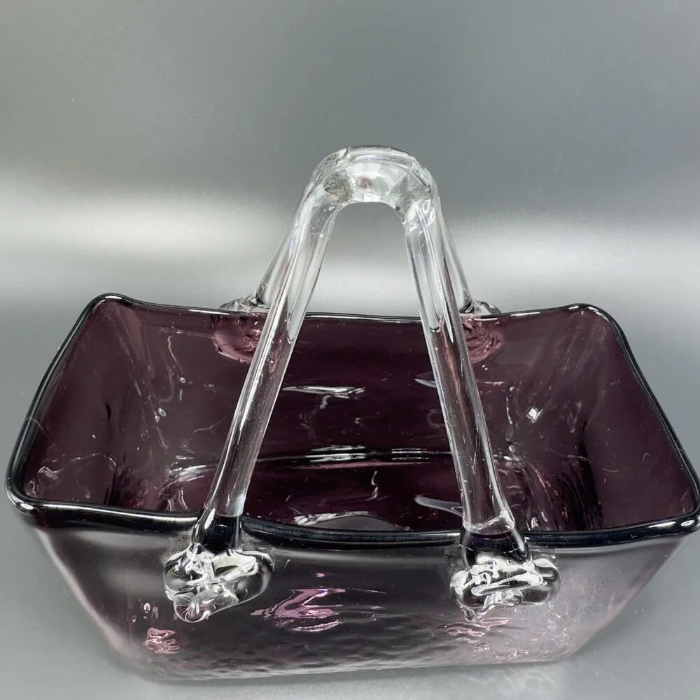 Vintage Amethyst Purple‎ Hand Blown Glass Purse Bowl Dish With Clear Handles VTG